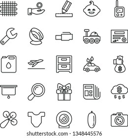 thin line vector icon set - repair key vector, Child T shirt, baby rattle, toy phone, funny hairdo, drawing, nightstand, lens, date fruit, canister of oil, weaving, catch a coin, morning paper, gift