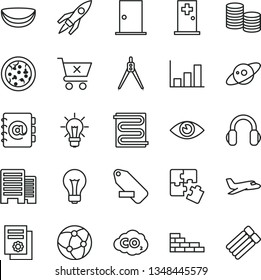 thin line vector icon set - matte light bulb vector, remove label, Puzzles, brick wall, ntrance door, buildings, heating coil, eye, address book, crossed cart, pizza, piece of coconut, coins, saturn
