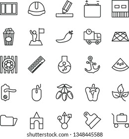 thin line vector icon set - box of bricks vector, window frame, door knob, drawing, construction helmet, putty knife, pavement, anchor, delivery, peper, cup popcorn, goji berry, slice water melon