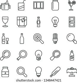 thin line vector icon set - matte light bulb vector, incandescent lamp, magnifier, zoom, measuring cup for feeding, mercury thermometer, e, window frame, interroom door, a glass of tea, cocktail