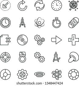 thin line vector icon set - clock face vector, right direction, renewal, plus, clockwise, tumbler, left bottom arrow, timer, CD, delete page, porcini, plate, gear, Measuring compasses, gears, atom