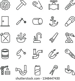 thin line vector icon set - safety pin vector, open, tower crane, adjustable wrench, hand saw, sewerage, ntrance door, gear, stationery knife, kitchen faucet, hammer, anchor, tin, soda can, valve