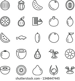 thin line vector icon set - small fish vector, orange slice, pomegranate, fig, water melon, half, date fruit, of tangerine, kiwi, passion, tamarillo, guawa, coconut, ripe pineapple, grapefruit, part