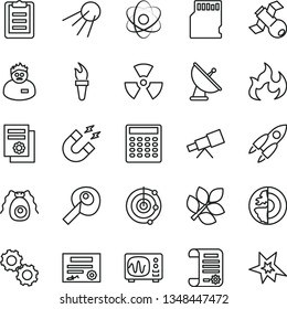 thin line vector icon set - artificial satellite vector, research article, scientific publication, sd card, telescope, atom, nuclear, gears, bactery, oscilloscope, magnet, flame, scientist, radar