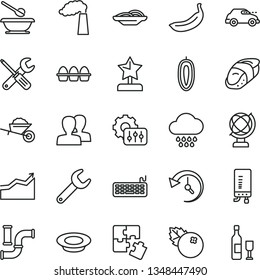thin line vector icon set - women vector, cloud, plates and spoons, Puzzles, garden trolley, small tools, electronic boiler, globe, bundle of eggs, slices onion, a plate milk, sushi, blueberries