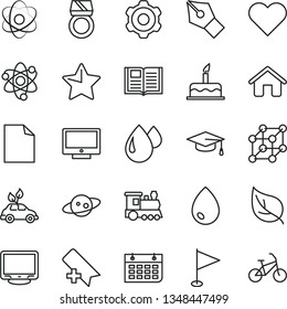 thin line vector icon set - add bookmark vector, clean sheet of paper, pennant, cake, house, cogwheel, star, heart, book, drop, screen, leaf, environmentally friendly transport, wall calendar, atom