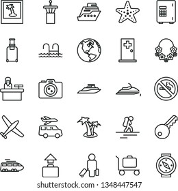 thin line vector icon set - earth vector, plane, train, backpacker, airport tower, passenger, rolling suitcase, baggage, palm tree, hawaii wreath, pool, medical room, starfish, camera, photo, key