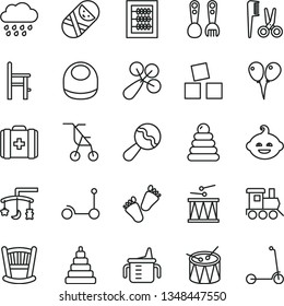 thin line vector icon set - cradle vector, toys over the, measuring cup for feeding, new abacus, baby bib, beanbag, rattle, sitting stroller, accessories a hairstyle, rainy cloud, stacking rings