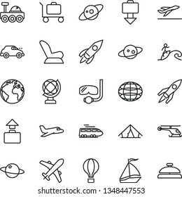 thin line vector icon set - sign of the planet vector, car child seat, globe, retro, rocket, saturn, lunar rover, helicopter, plane, train, sail boat, air balloon, baggage, getting, departure, tent