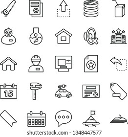 thin line vector icon set - bookmark vector, silent mode, remove label, packing of juice with a straw, house, dwelling, workman, hand saw, calendar, speech, move up, left, electric car, calipers