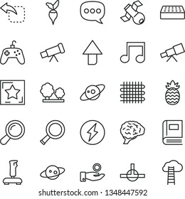 thin line vector icon set - upward direction vector, brick, move left, pineapple, radish, trees, weaving, catch a coin, speech, connect, note, joystick, telescope, zoom, brain, satellite, book, star