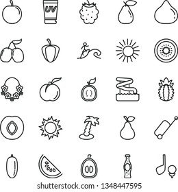 thin line vector icon set - bottle of soda vector, pear, ripe peach, plum, fig, blackberry, tasty cornels, slice water melon, date fruit, half loquat, kiwi, guawa, pineapple, pepper, rolling case