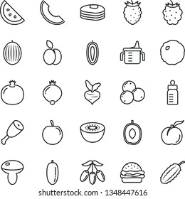 thin line vector icon set - measuring cup for feeding vector, bottle, burger, mushroom, chicken thigh, cabbage, apple, orange slice, pancakes, ripe peach, pomegranate, medlar, blackberry, melon, of