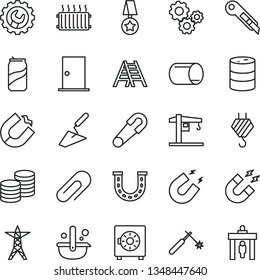 thin line vector icon set - clip vector, safety pin, crane, hook, trowel, ladder, ntrance door, gear, stationery knife, strongbox, coins, soda can, barrel, power line, horseshoe magnet, pipe, gears