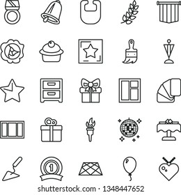thin line vector icon set - bib vector, balloon, building trowel, window, frame, sample of colour, wooden paint brush, pavement, bell, star, nightstand, gift, muffin, squash, flame torch, pennant