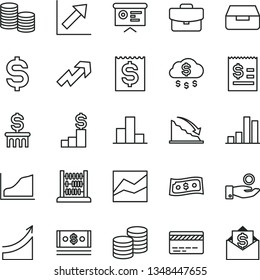 thin line vector icon set - bank card vector, growth up, bar chart, line, abacus, suitcase, drawer, coins, recession, denomination of the dollar, article on, financial item, catch a coin, cash, mail