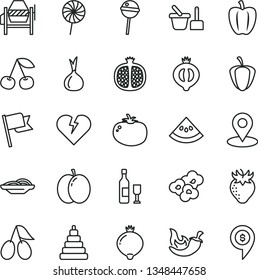 thin line vector icon set - stacking toy vector, sand set, concrete mixer, broken heart, flag, slices of onion, tomato, chili, Chupa Chups, lollipop, popcorn, cherry, apple, half pomegranate, medlar