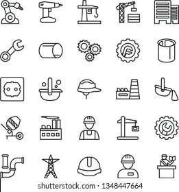 thin line vector icon set - tower crane vector, builder, workman, concrete mixer, drill, power socket type f, buildings, construction helmet, gear, star, water pipes, line, industrial building, pipe