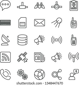 thin line vector icon set - rss feed vector, toy mobile phone, speech, big data, artificial satellite, gears, antenna, SIM card, connections, statistical overview, loudspeaker, horn, morning paper