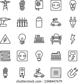 thin line vector icon set - danger of electricity vector, matte light bulb, incandescent lamp, concrete mixer, cordless drill, saving, power socket type f, lightning, dangers, heating coil, radiator