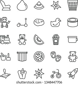 thin line vector icon set - wicker pot vector, car child seat, baby duckling, toy sand set, children's potty, teddy bear, small, train, yule, bicycle, Kick scooter, shoes for little children, pizza