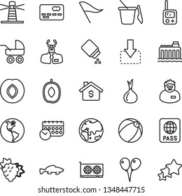 thin line vector icon set - wind direction indicator vector, baby powder, carriage, bath ball, toy phone, children's sand set, colored air balloons, passport, move down, small fish, branch of grape