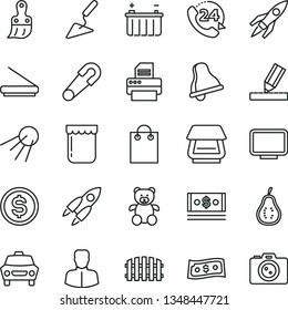 thin line vector icon set - bell vector, safety pin, teddy bear, building trowel, plastic brush, drawing, fence, car, 24, artificial satellite, jam, part of guava, battery, woman, dollar, cash, bag