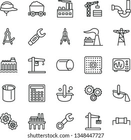 thin line vector icon set - crane vector, tower, sewerage, helmet, factory, hydroelectricity, power pole, industrial building, enterprise, gears, Construction, processor, pipe, pipes, metallurgy