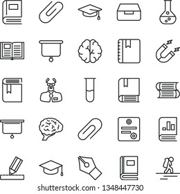 thin line vector icon set - clip vector, book, e, books, drawing, notebook, drawer, square academic hat, flask, magnet, on statistics, test tube, brain, scientist, presentation board, patente