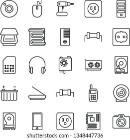 thin line vector icon set - camera vector, cordless drill, power socket type b, f, heating coil, headphones, smartphone, lens, battery, SIM, mobile phone, mouse, pc supply, tower, motherboard, hdd