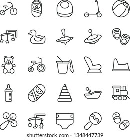 thin line vector icon set - toys over the cradle vector, cot, measuring bottle for feeding, diaper, baby bib, beanbag, rattle, car child seat, rubber duck, bath ball, children's bathroom, tumbler