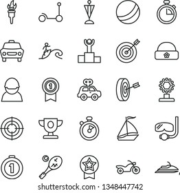 thin line vector icon set - stopwatch vector, bath ball, motor vehicle present, Kick scooter, warm hat, car, racer, flame torch, winner podium, prize, cup, pennant, target, purpose, with, star, aim