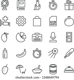 thin line vector icon set - truck lorry vector, paper bag, feeding bottle, mercury thermometer, plastic brush, portfolio, interroom door, globe, gift, tin, a bowl of buckwheat porridge, pomegranate