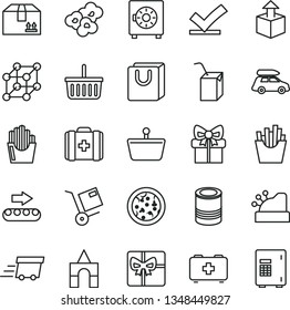 thin line vector icon set - grocery basket vector, bag of a paramedic, medical, packing juice with straw, box bricks, strongbox, handles, cardboard, shipment, unpacking, tin, pizza, French fries