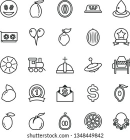 thin line vector icon set - baby toy train vector, yule, colored air balloons, concrete mixer, ripe peach, quince, melon, half of mango, loquat, lemon, yellow, slice, pineapple, drop oil, gpu card