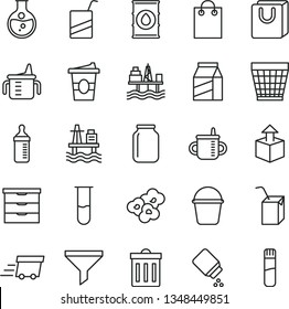 thin line vector icon set - wicker pot vector, bin, storage unit, mug for feeding, measuring cup, bottle, baby powder, e, packing of juice with a straw, bucket, bag handles, package, unpacking, oil