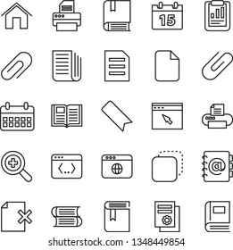 thin line vector icon set - clip vector, bookmark, zoom, book, e, books, home, calendar, address, delete page, copy, statistical report, scientific publication, newspaper, printer, browser, coding