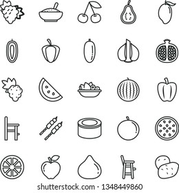 thin line vector icon set - a chair for feeding vector, child, canned goods, bowl of rice porridge, plate fruit, barbecue, orange slice, cherry, half pomegranate, grape, branch, red apple, fig, date