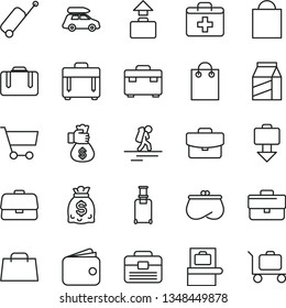 thin line vector icon set - briefcase vector, paper bag, first aid kit, portfolio, suitcase, case, package, cart, wallet, purse, dollars, hand, money, car baggage, backpacker, rolling, scanner