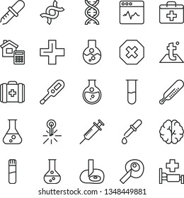 thin line vector icon set - mark of injury vector, first aid kit, plus, electronic thermometer e, mercury, medical bag, estimate, temperature, cardiogram, round flask, test tube, dna, brain, pipette