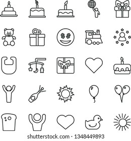 thin line vector icon set - heart symbol vector, toys over the cradle, bib, baby duckling, teddy bear, children's train, colored air balloons, balloon, cake, birthday, gift, Easter, torte, giftbox