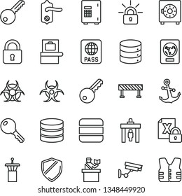 thin line vector icon set - key vector, door knob, road fence, lock, anchor, passport, big data, strongbox, encrypting, biohazard, airport tower, security gate, baggage scanner, passort control