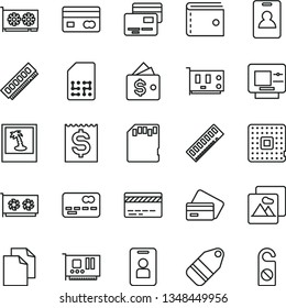 thin line vector icon set - bank card vector, purse, clean paper, picture, cards, label, processor, SIM, reverse side of a, front the, financial item, memory, pc, gpu, sd, wallet, identity, atm
