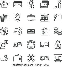 thin line vector icon set - dollar vector, cards, coins, reverse side of a bank card, front the, column, denomination, catch coin, wallet, purse, dollars, cash machine, cashbox, money bag hand, atm