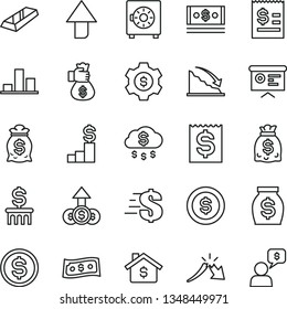 thin line vector icon set - upward direction vector, dollar, strongbox, chart, recession, a crisis, article on the, financial item, money, dollars, cash, report, gold bar, bag hand, rain, coin, gear