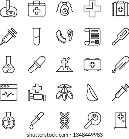 thin line vector icon set - first aid kit vector, plus, electronic thermometer e, mercury, bag of a paramedic, medical, temperature, cardiogram, garlic, goji berry, round flask, research article