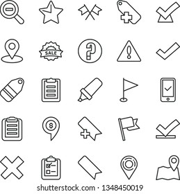 thin line vector icon set - warning vector, add bookmark, zoom out, check mark, cross, label, pennant, question, star, flag, survey, location, geolocation, text highlighter, sale, clipboard, flags