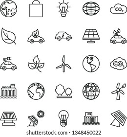 thin line vector icon set - sign of the planet vector, paper bag, solar panel, big, leaves, leaf, windmill, wind energy, Earth, bulb, hydroelectric station, hydroelectricity, trees, eco car, CO2