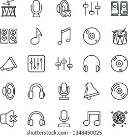 thin line vector icon set - bell vector, desktop microphone, horn, loudspeaker, silent mode, drumroll, drum, headphones, music, CD, regulator, no sound, pc speaker, note, settings, disco ball