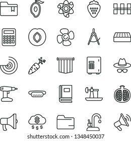 thin line vector icon set - hat with glasses vector, folder, bookmark, drill, ceramic tiles, brick, kitchen faucet, megaphone, mini hot dog, strawberry, half pomegranate, plum, of mango, carrot